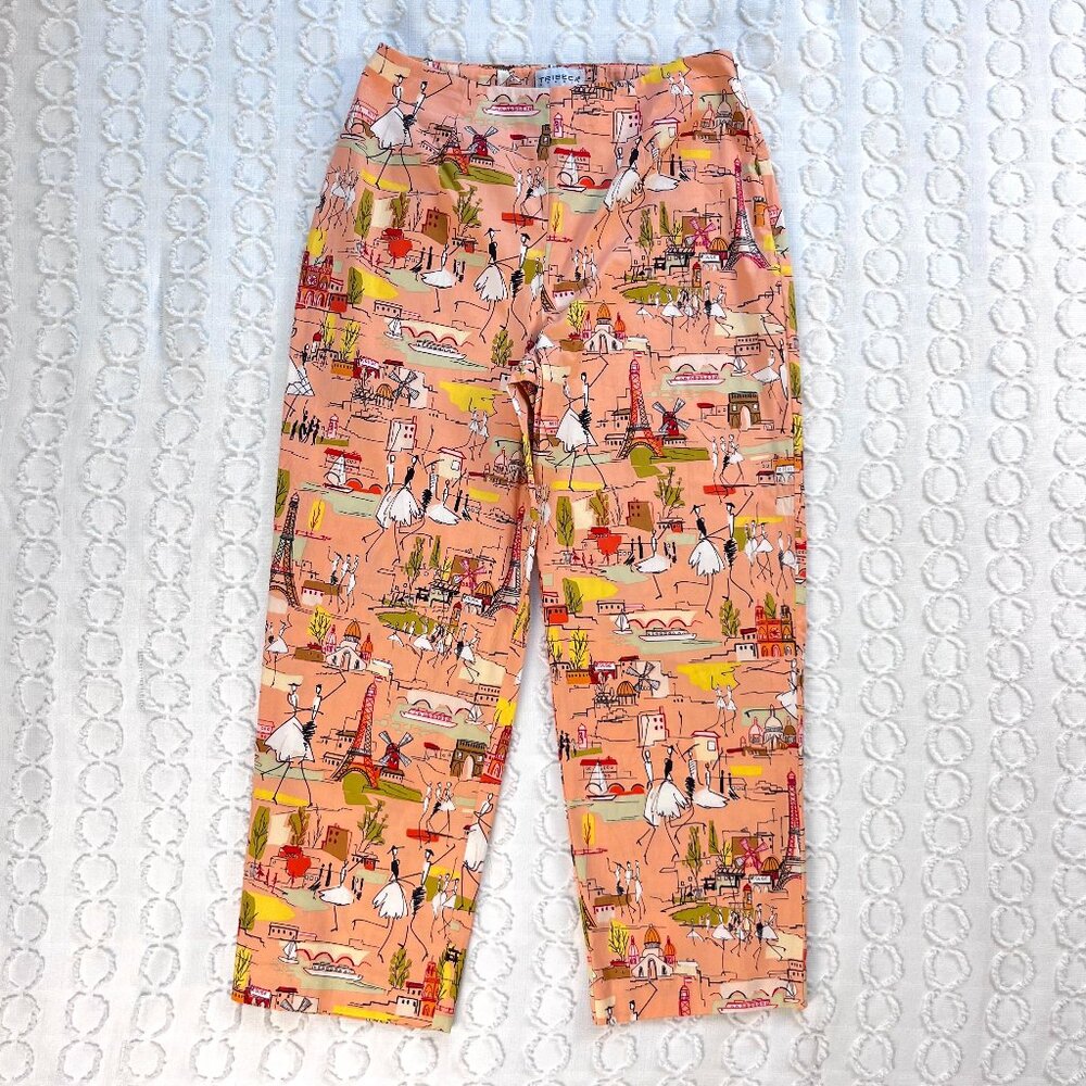VTG Women's Pants Size 8 High Waist Cropped Travel Paris Print Peach Vacation